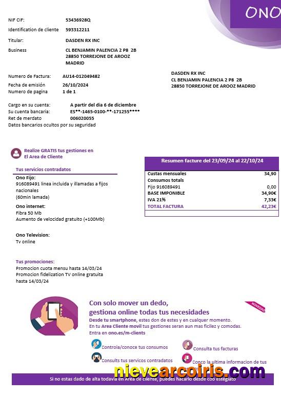 Spain ONO easy fillable business utility bill